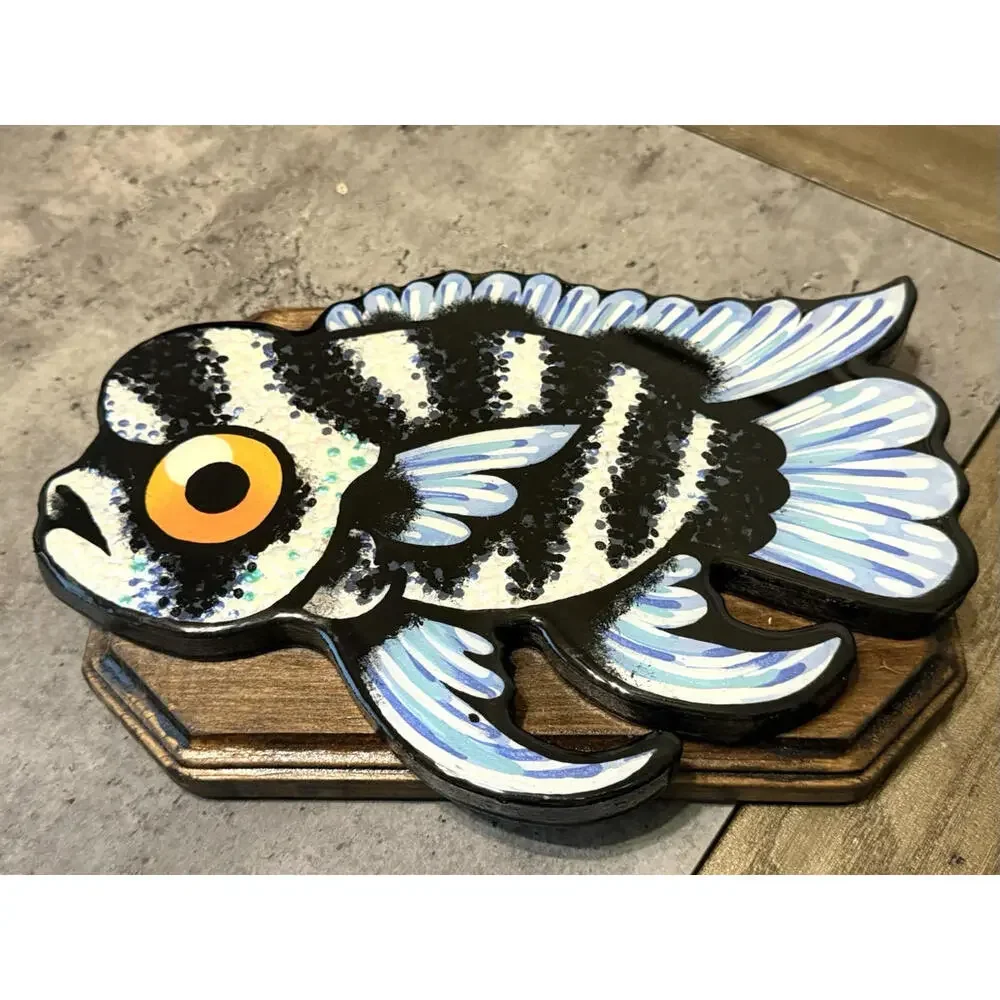Whimsical Hand Painted Wooden Fish Plaque -‎ Folk Art Decor Beach House 10 x 7